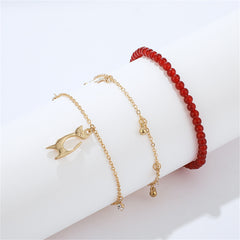 Red & Cubic Zirconia Beaded Cat Charm Anklet Set
