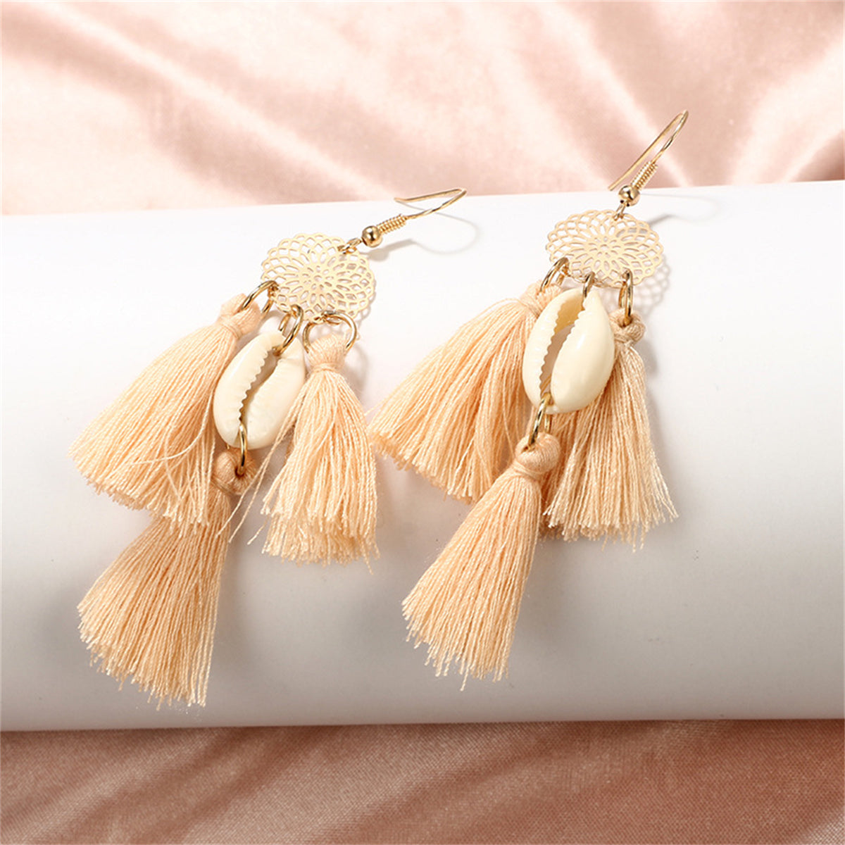 Blush Polyster & Shell 18K Gold-Plated Cowrie Tassel Openwork Drop Earrings