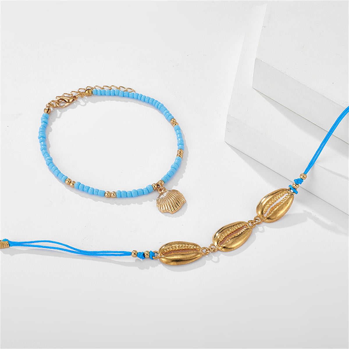 Blue Howlite & 18K Gold-Plated Beaded Charm Anklet Set