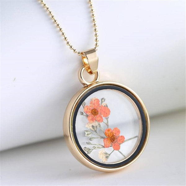 Orange & Goldtone Pressed Peach Blossom Round Pendant Necklace