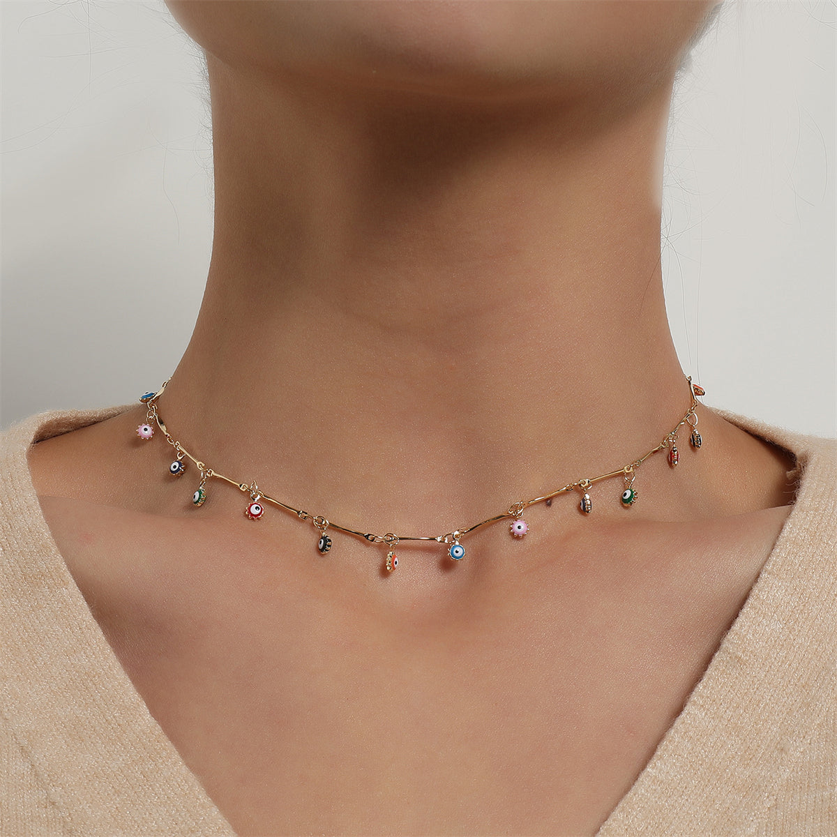 Multicolor Enamel and 18K Gold-Plated Evil Eye Station Choker Necklace, gold pendant necklace for women, side view