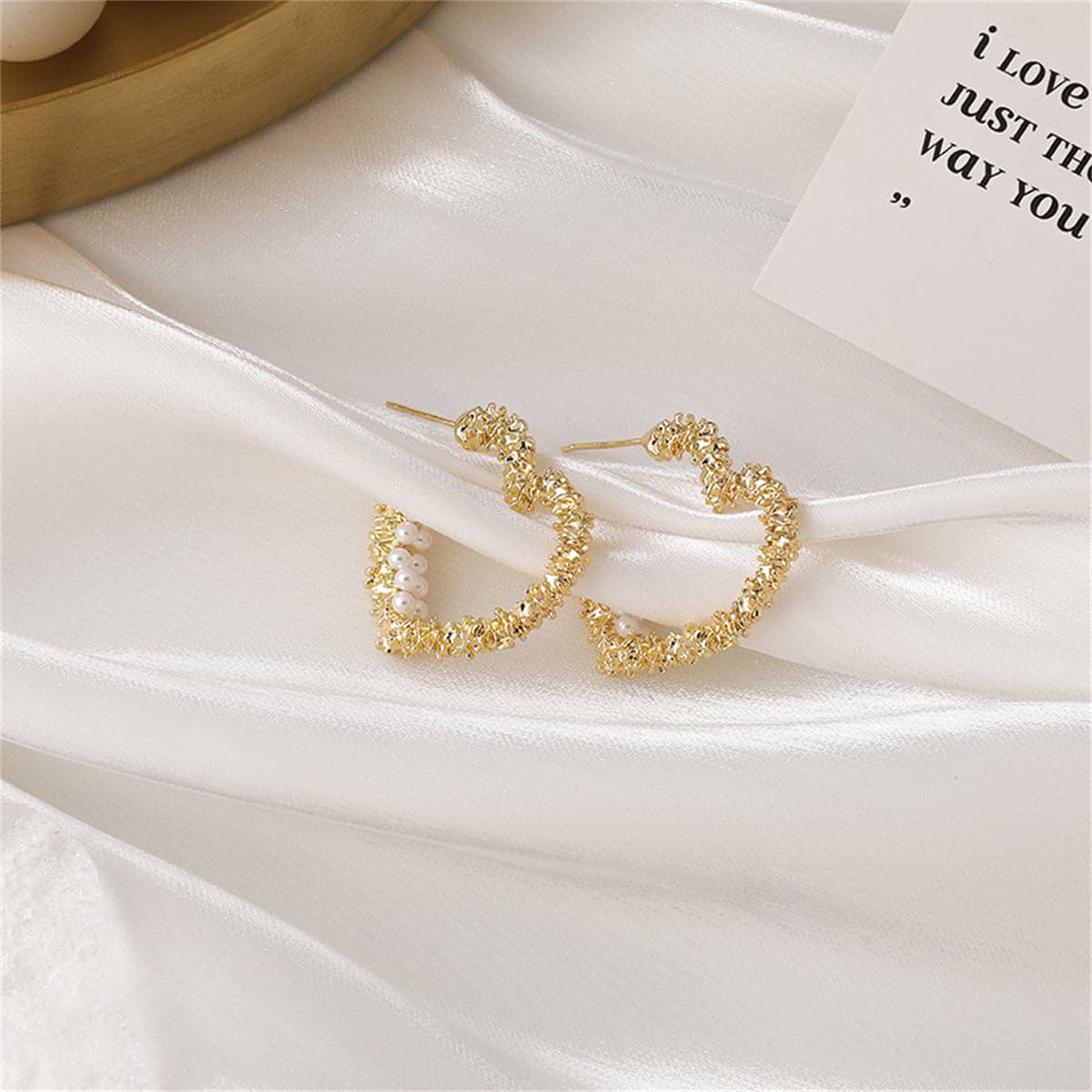 Pearl & 18K Gold-Plated Textured Heart Huggie Earrings