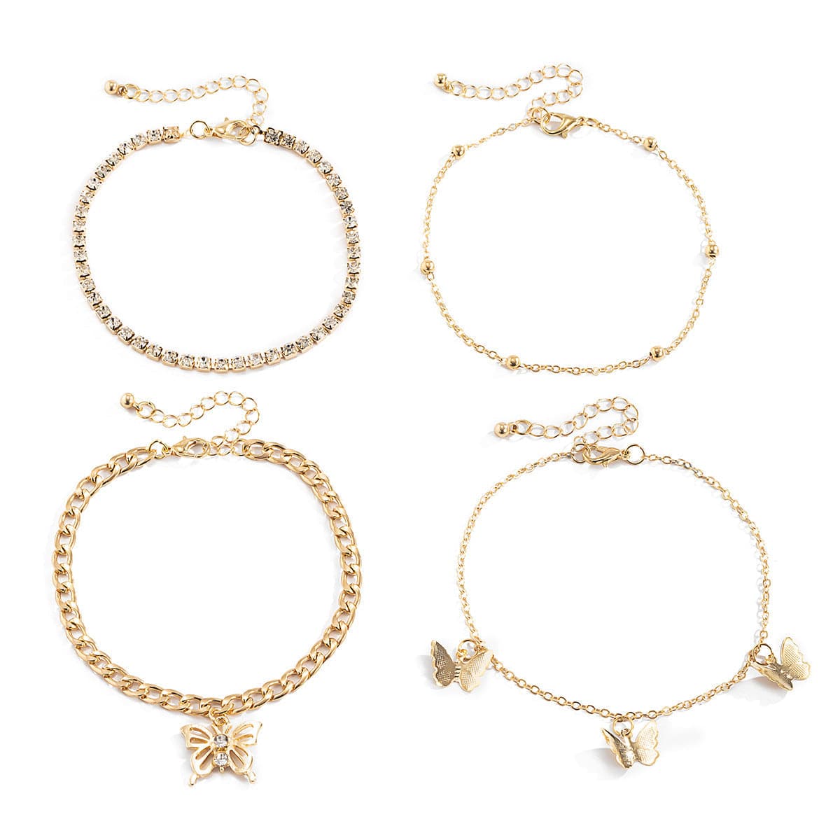 Cubic Zirconia & 18K Gold-Plated Butterfly Charm Anklet Set