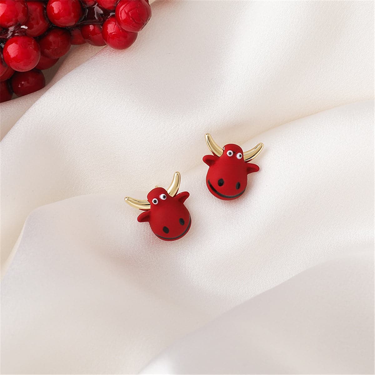 Red Polymer Clay and 18K Gold-Plated Cattle Stud Earrings, gold stud earrings for women, botanical inspired, detail close-up