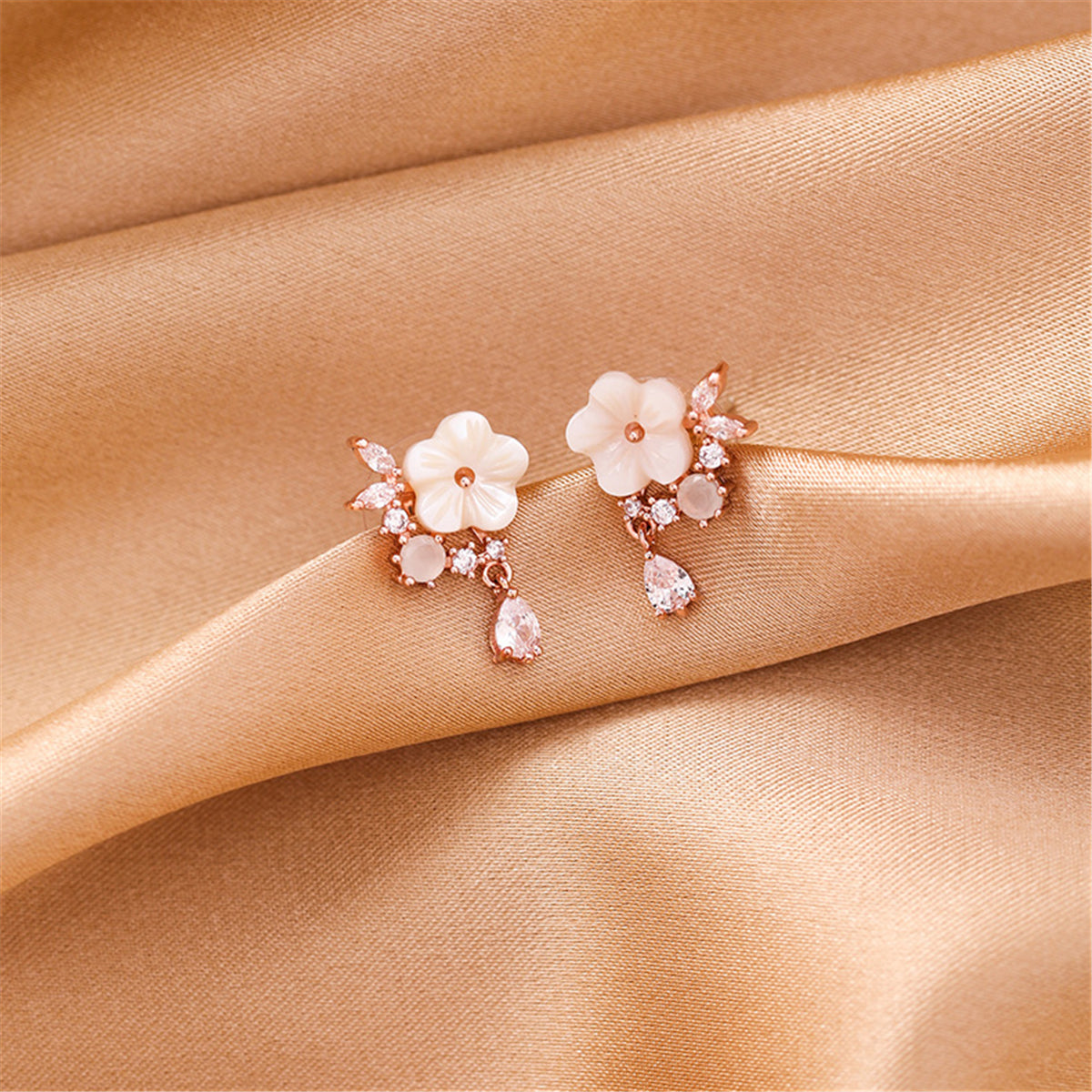 Cubic Zirconia & Pink Cat's Eye 18K Gold-Plated Flower Drop Earrings