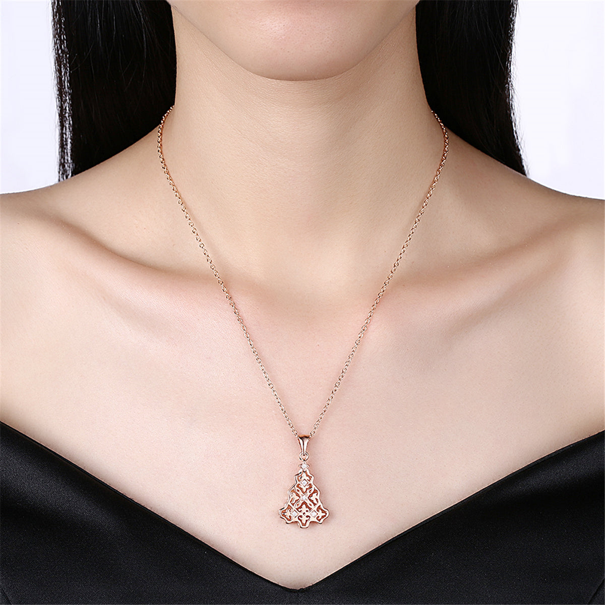 Cubic Zirconia & 18K Rose Gold-Plated Filigree Tree Pendant Necklace