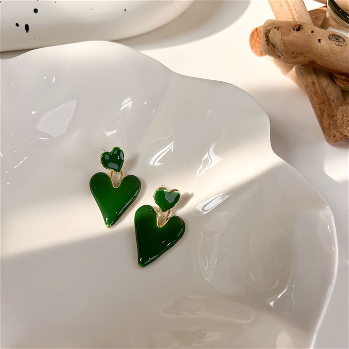 Green Enamel and 18K Gold-Plated Stacked Heart Drop Earrings, gold drop earrings for women, lifestyle look