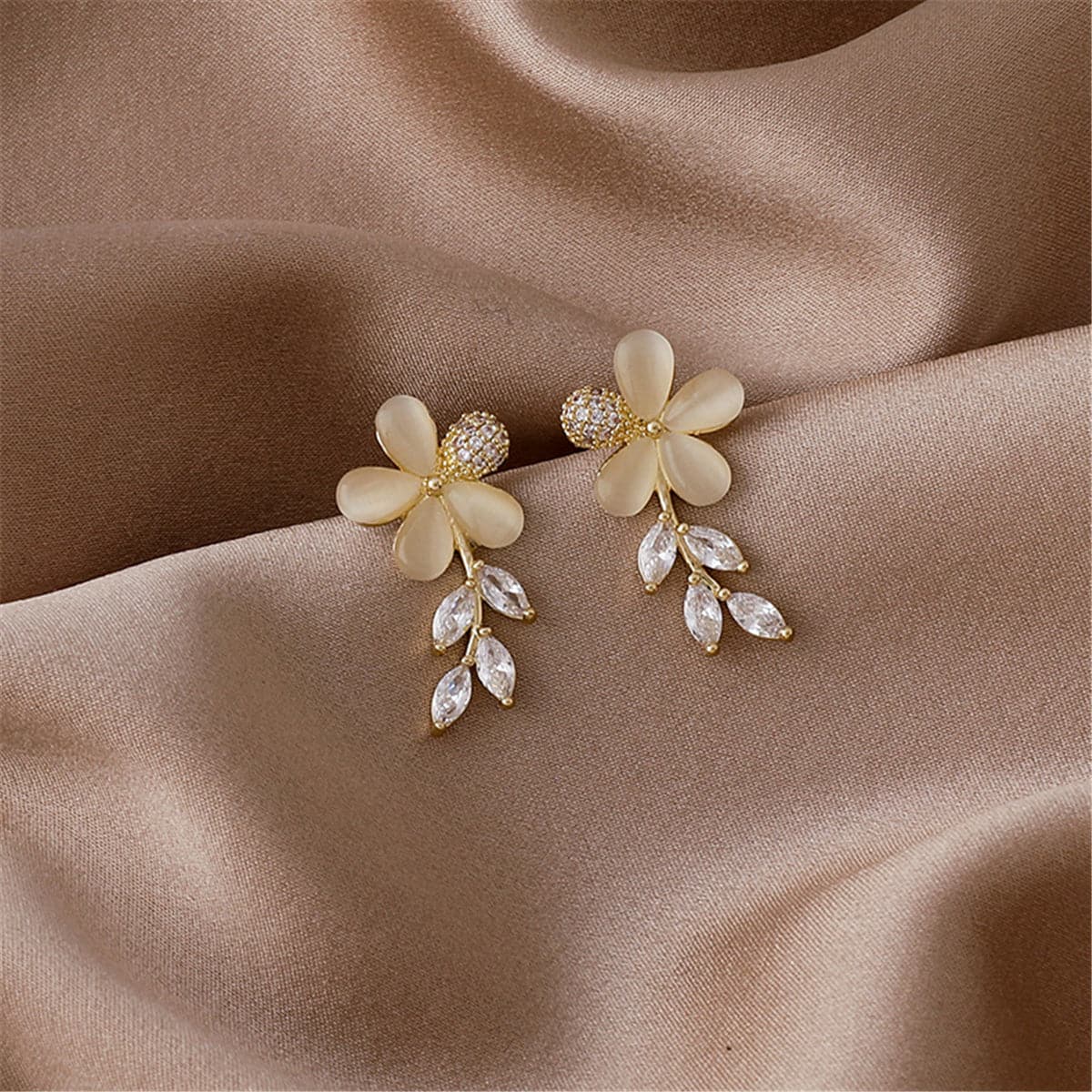 Crystal and Cat's Eye Floral Drop Earrings, drop earrings for women, vintage-inspired design, lifestyle look