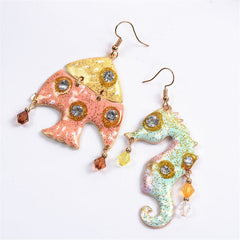 Cubic Zirconia & Enamel 18K Gold-Plated Fish Seahorse Asymmetric Drop Earrings