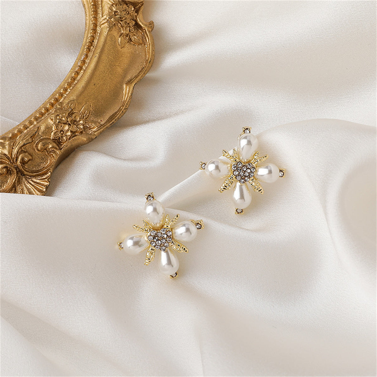 Pearl & Cubic Zirconia 18K Gold-Plated Flower Stud Earrings
