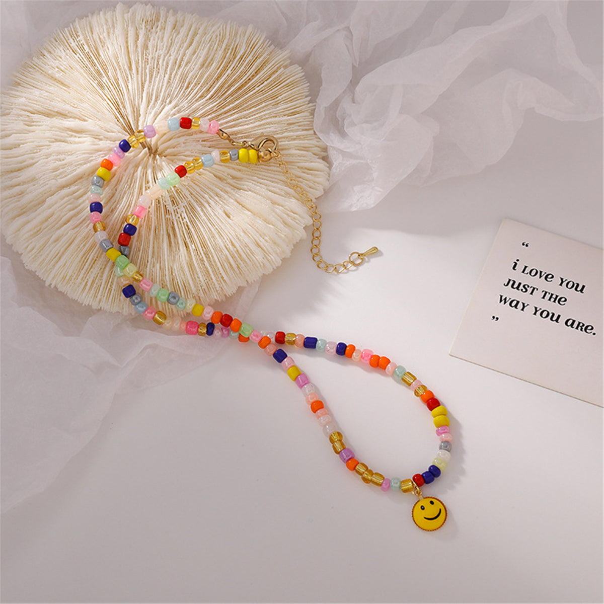 Colored Acrylic Bead and 18K Gold-Plated Smiley Necklace, gold pendant necklace for women, styled look