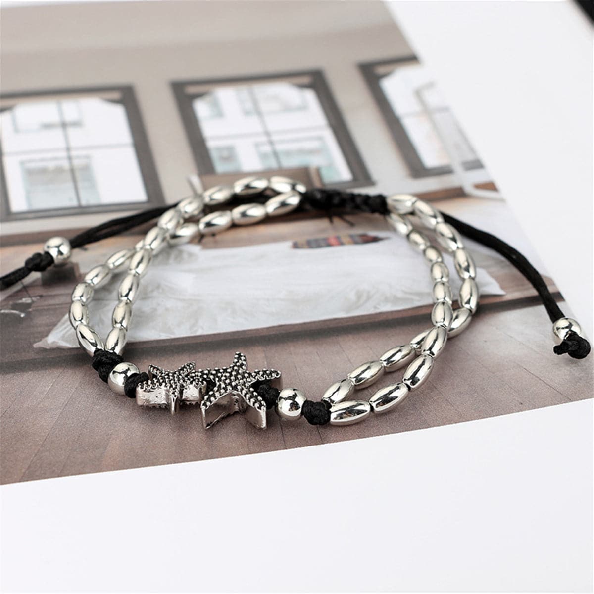 Black and Silver-Plated Starfish Charm Adjustable Anklet, silver anklet bracelet, botanical inspired, detail close-up