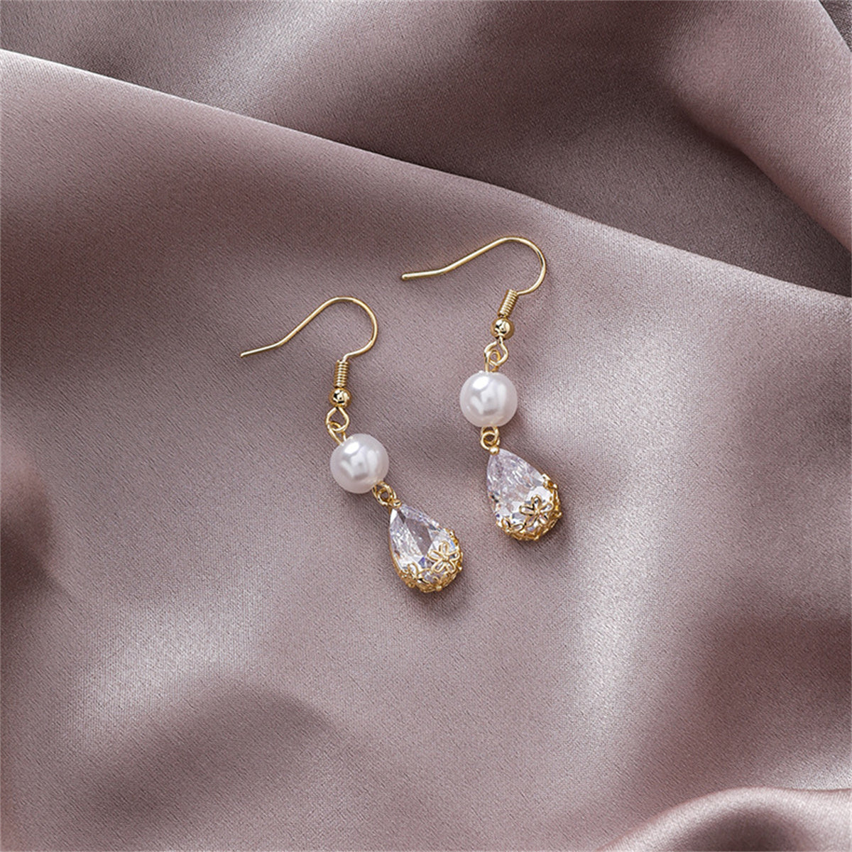 Pearl and Crystal Double-Tier Floral Drop Earrings, drop earrings for women, everyday style, detail close-up