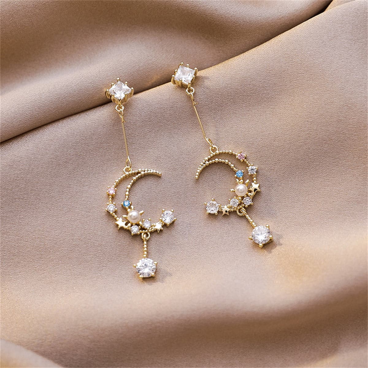 Cubic Zirconia and Pearl 18K Gold-Plated Celestial Drop Earrings, gold drop earrings for women, lifestyle look