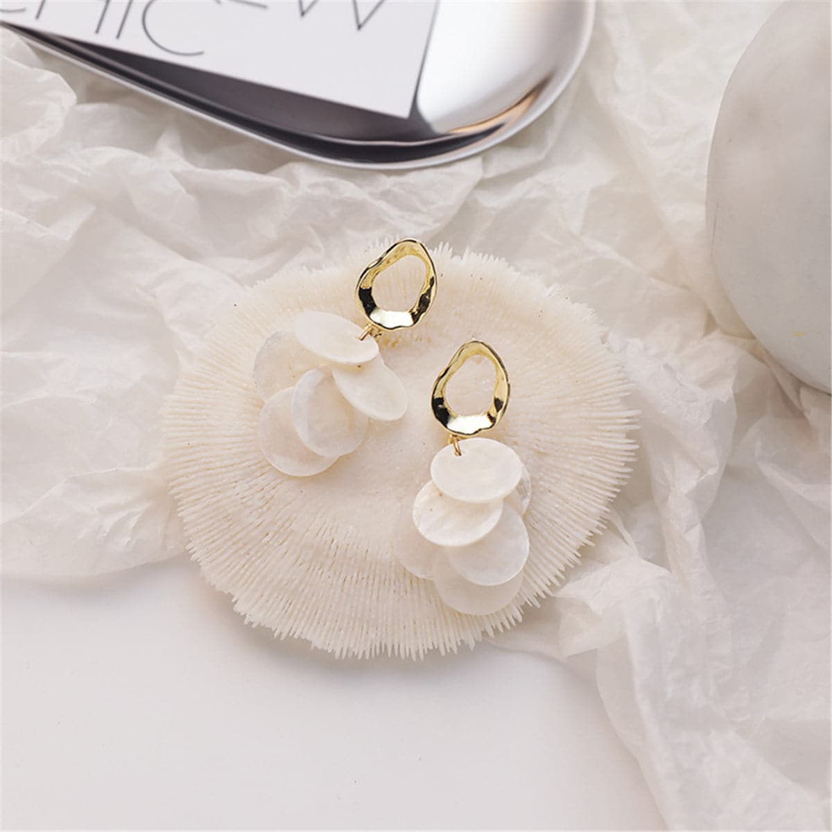 Shell and 18K Gold-Plated Tiered Drop Earrings, gold drop earrings for women, everyday style, styled look
