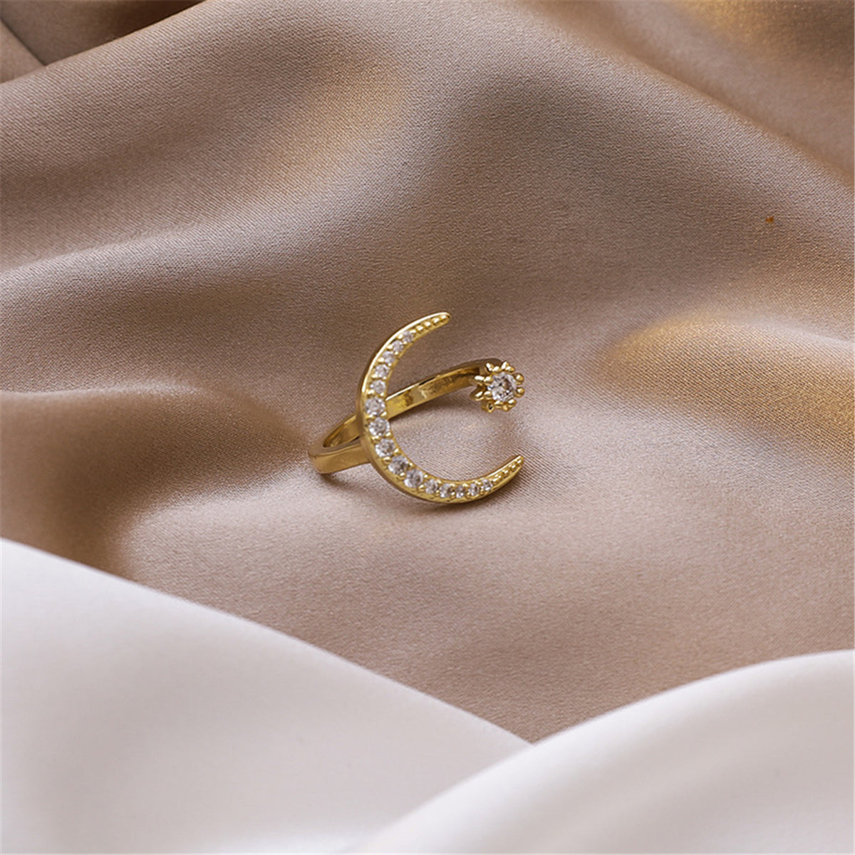 Cubic Zirconia and 18K Gold-Plated Moon Star Open Ring, gold statement rings for women, lifestyle look