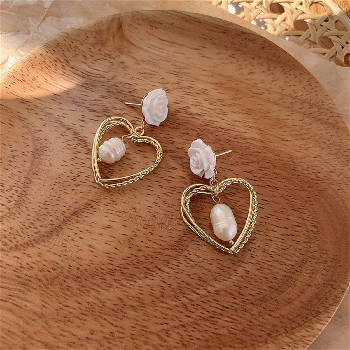 Pearl & Resin 18K Gold-Plated Stacked Heart Drop Earrings