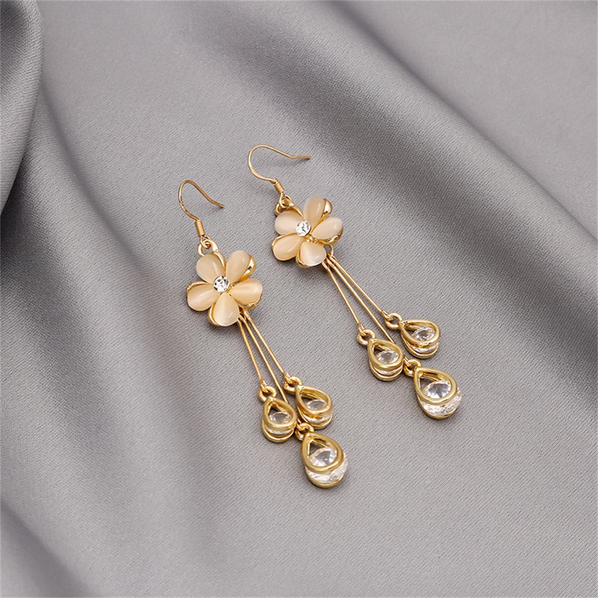 Blush Cateye & Cubic Zirconia 18K Gold-Plated Floral Teardrop Tassel Drop Earrings