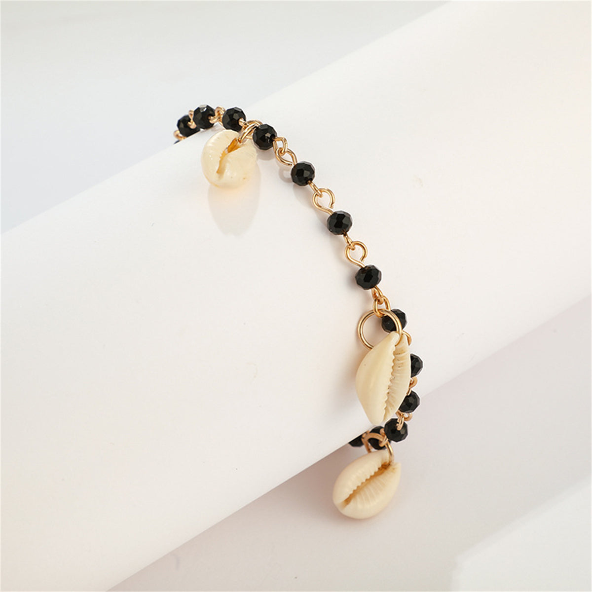 Black Acrylic & Shell 18K Gold-Plated Seashell Station Anklet