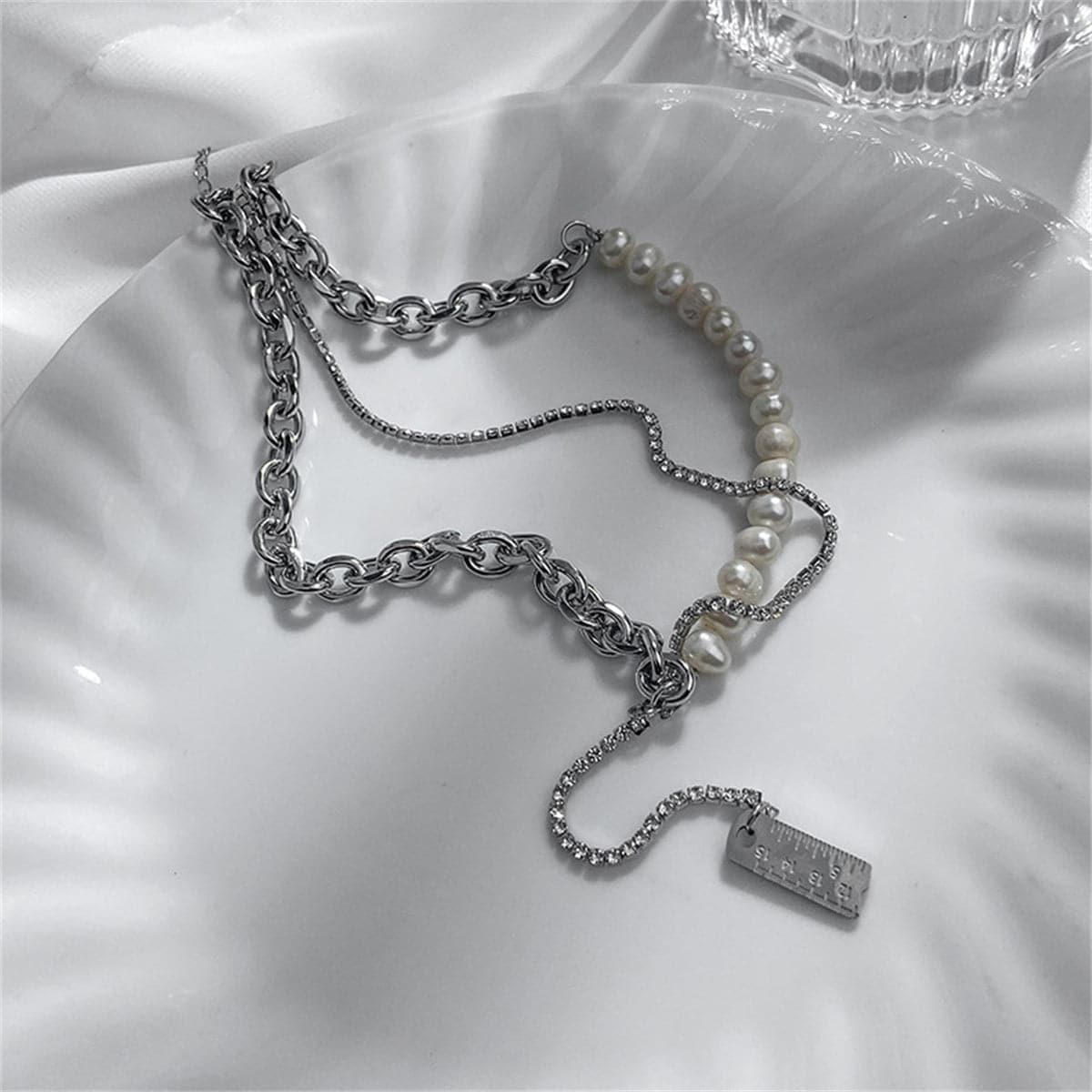 Pearl and Cubic Zirconia Ruler Drop Necklace, pendant necklace for women, everyday style, side view