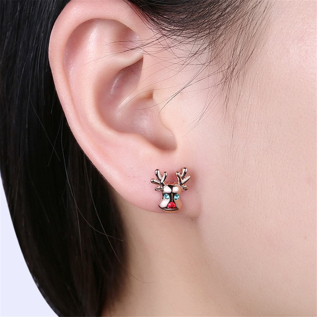 Cubic Zirconia & 18K Rose Gold-Plated Reindeer Stud Earrings
