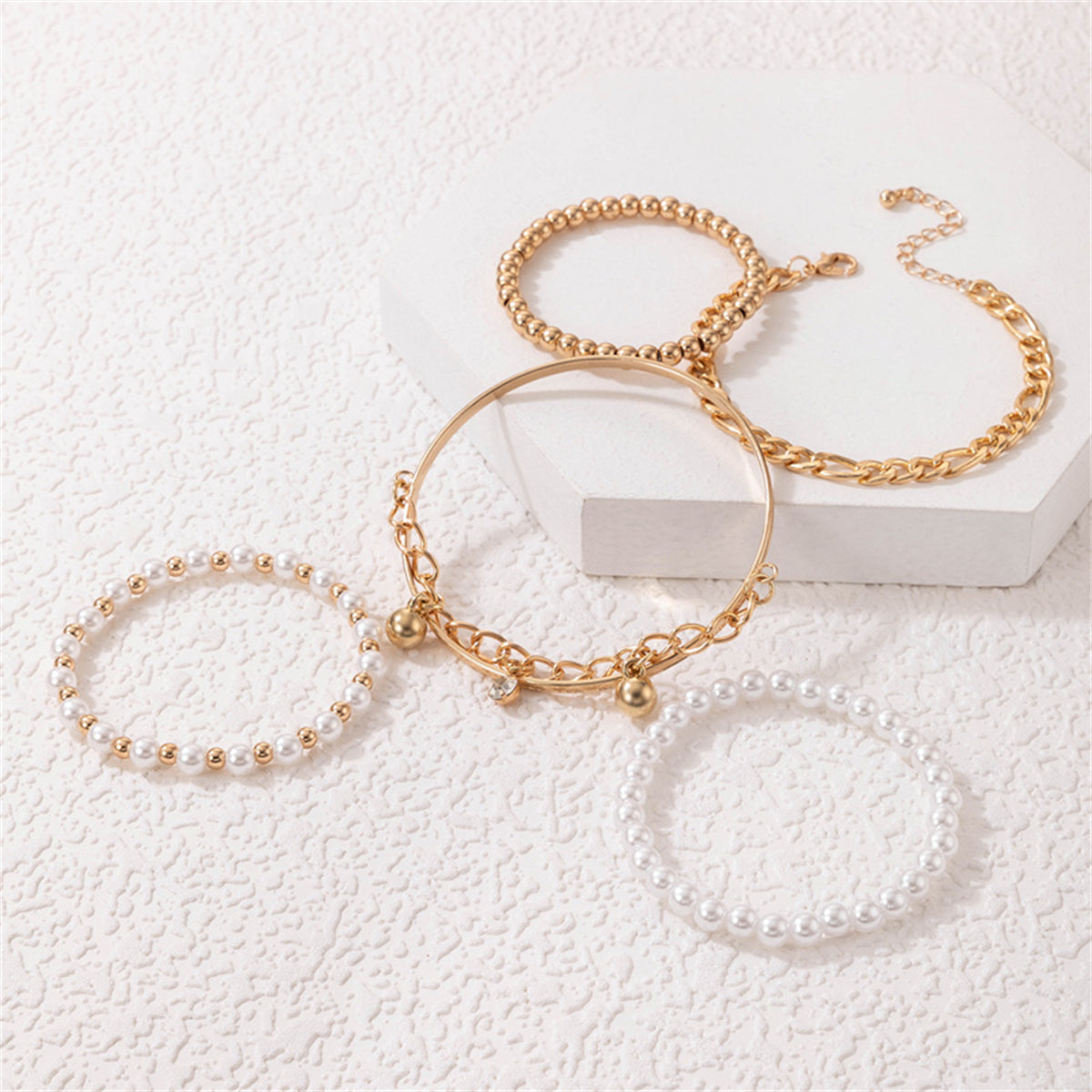 Cubic Zirconia & Pearl 18K Gold-Plated Beaded Stretch Bracelet Set