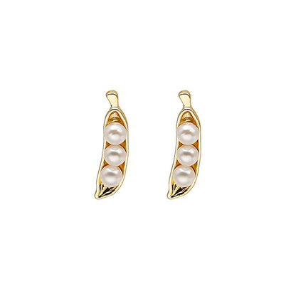 Pearl and 18K Gold-Plated Pea Pod Stud Earrings, gold stud earrings for women, everyday style, side view