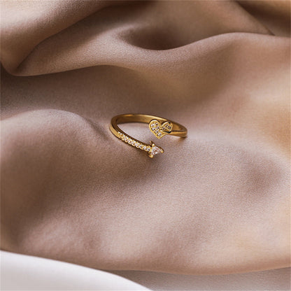 Cubic Zirconia and 18K Gold-Plated Heart Arrow Bypass Ring, gold statement rings for women, detail close-up