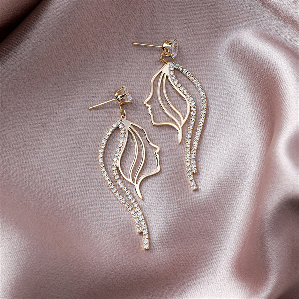 Cubic Zirconia and 18K Gold-Plated Abstract Figure Drop Earrings, gold drop earrings for women, front view