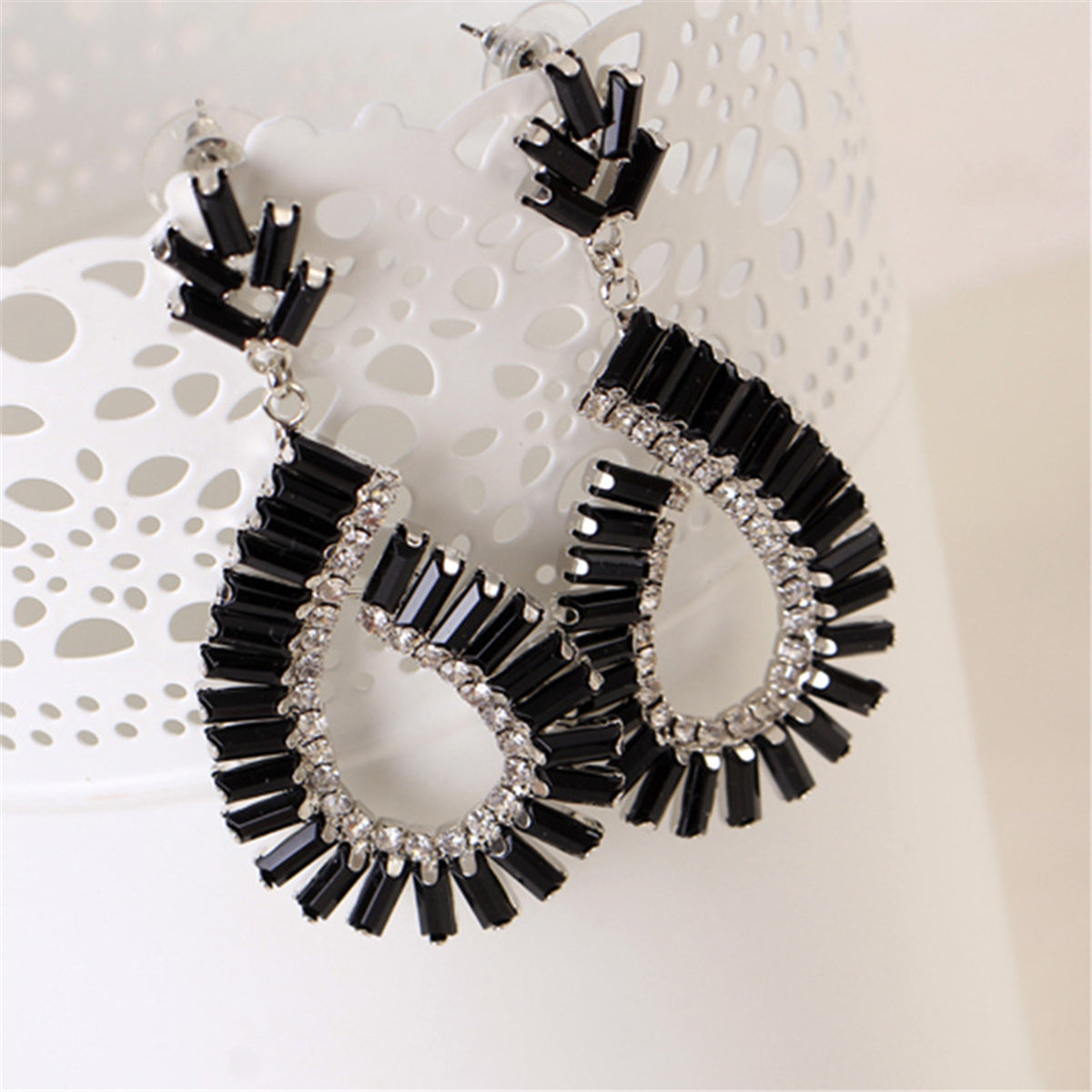 Black and Silver-Plated Baguette Open Teardrop Earrings, silver drop earrings for women, botanical inspired, side view