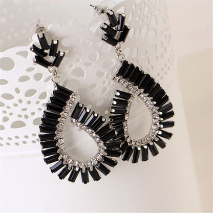 Black and Silver-Plated Baguette Open Teardrop Earrings, silver drop earrings for women, botanical inspired, side view