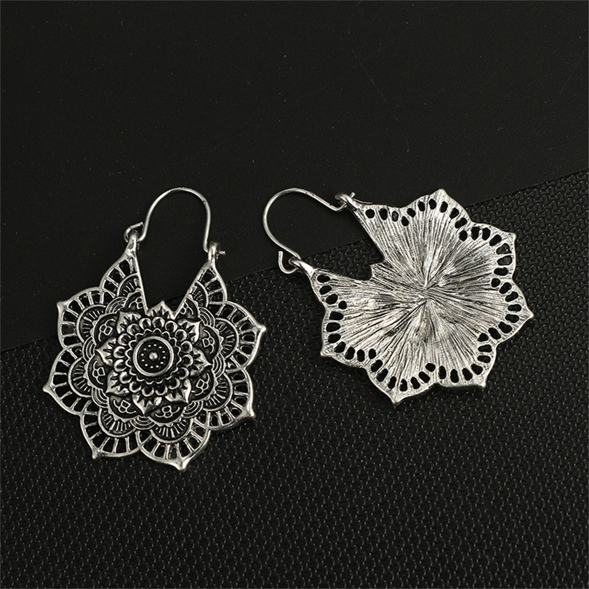 Silver-Plated Floral Huggie Earrings, silver huggie earrings, botanical inspired, side view