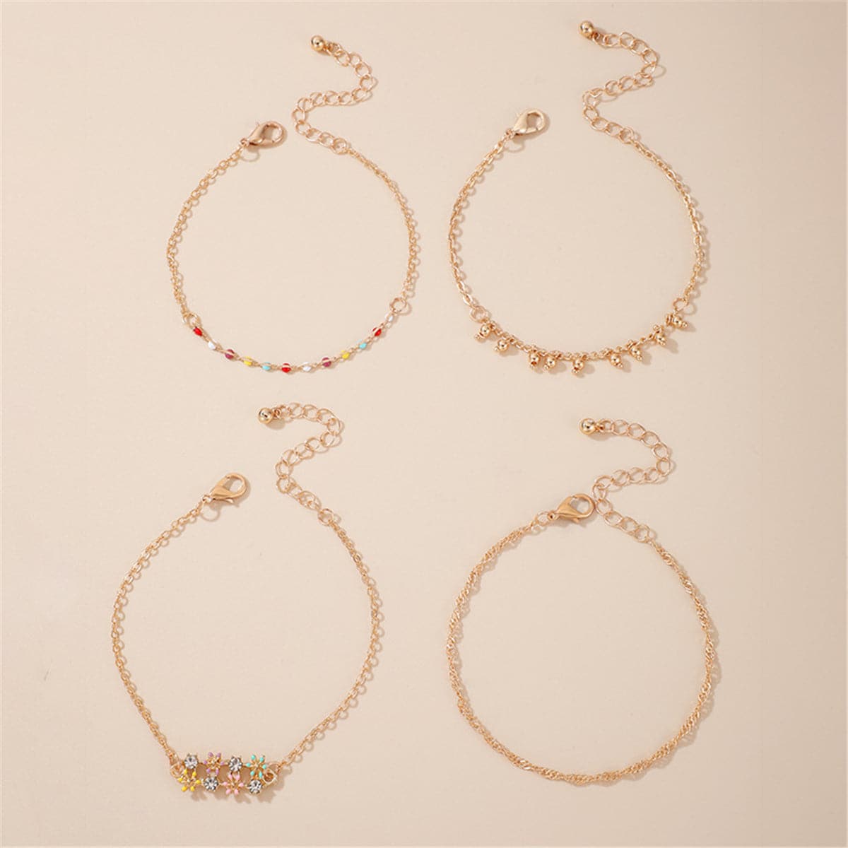 Cubic Zirconia & Resin Oil Drip 18K Gold-Plated Flower Anklet Set
