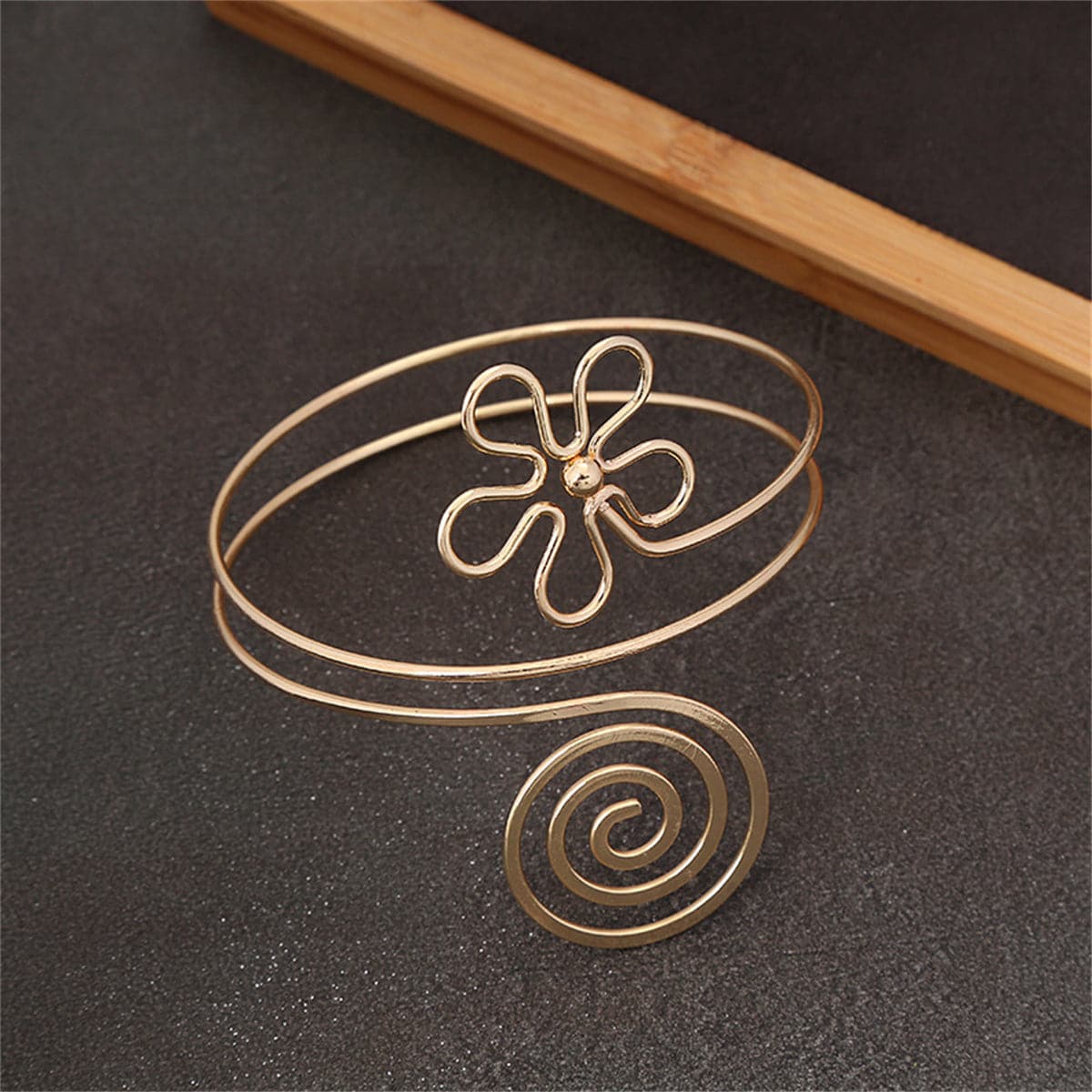 18K Gold-Plated Flower Swirl Arm Cuff, botanical inspired, side view