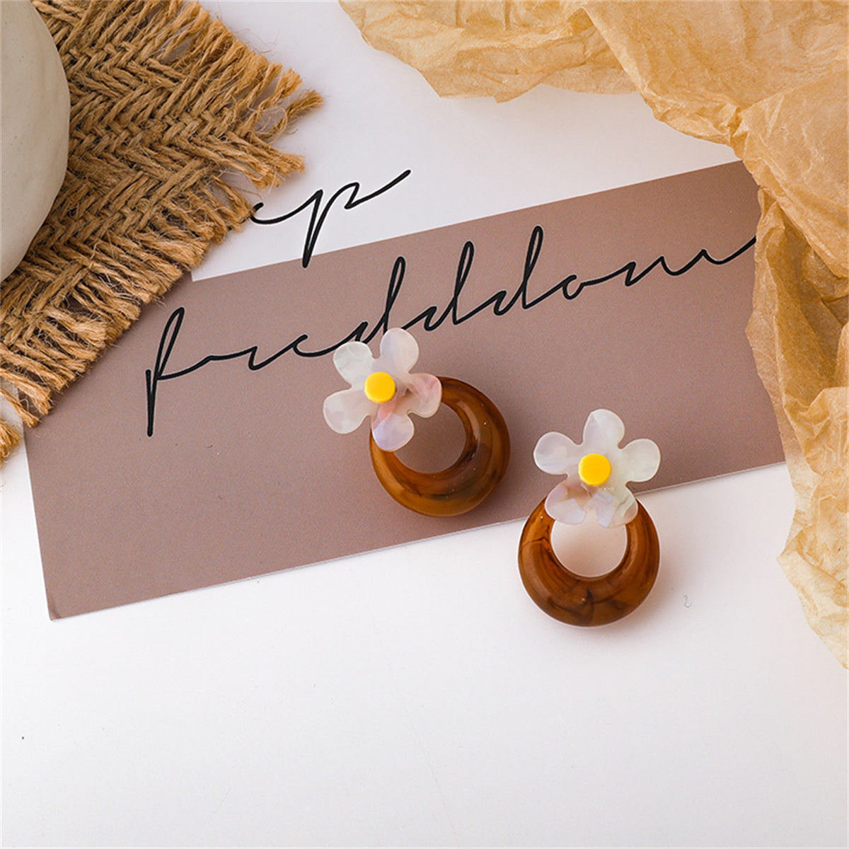 Brown and White Acrylic Floral Hoop Stud Earrings, drop earrings for women, botanical inspired, styled look