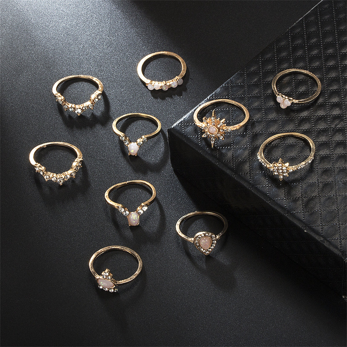 Pink Resin & Cubic Zirconia 18K Gold-Plated Pear Sun Ring Set