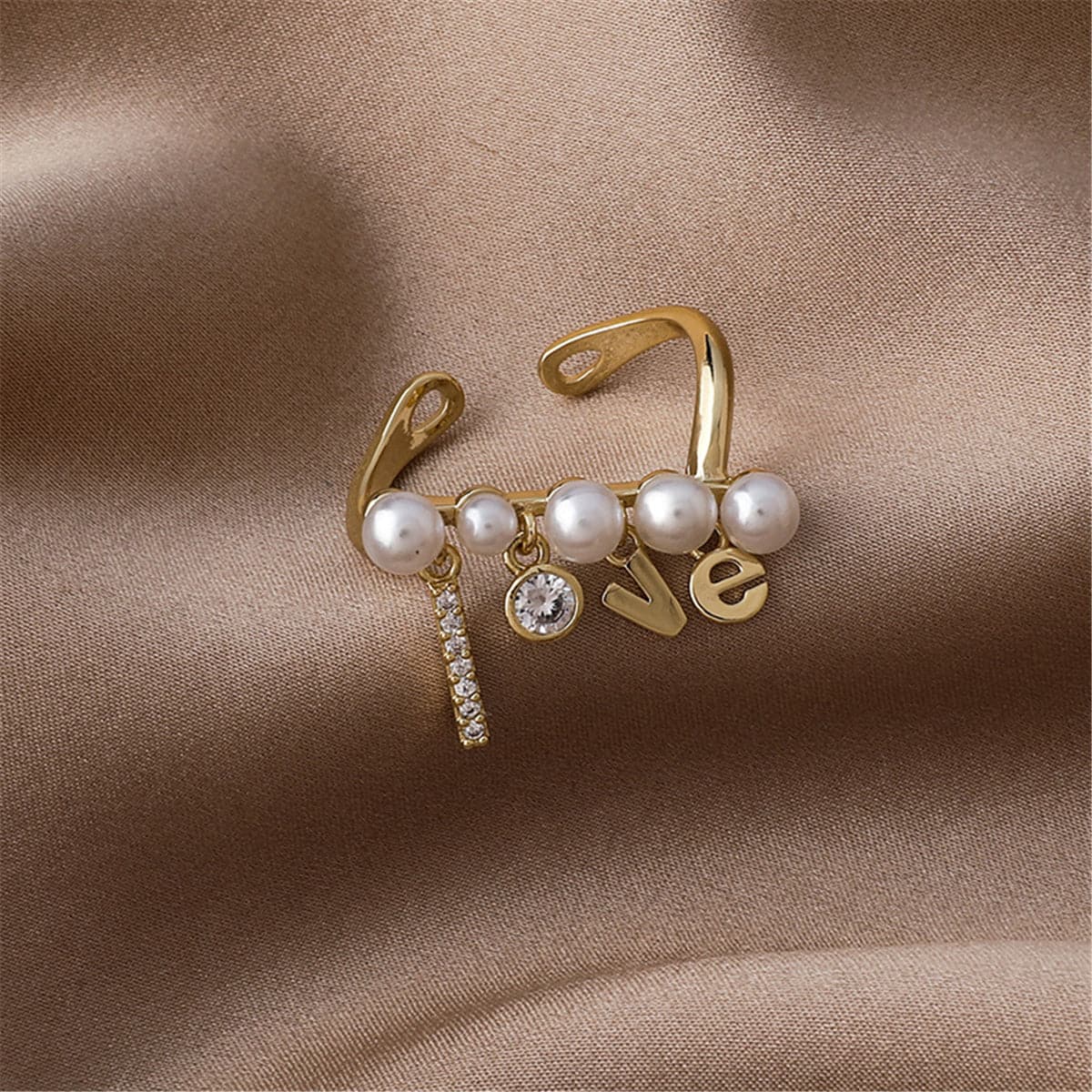 Pearl and Cubic Zirconia 'Love' Open Ring, statement rings for women, everyday style, front view
