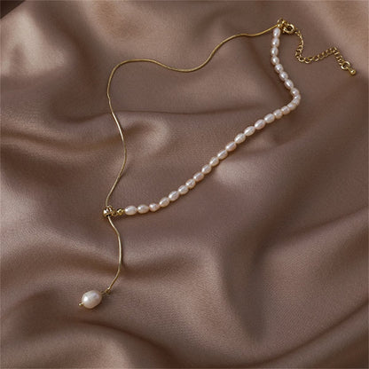 Pearl and 18K Gold-Plated Drop Necklace, gold pendant necklace for women, dainty minimalist design, side view