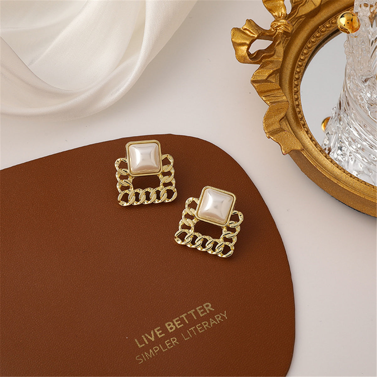 Pearl 18K Gold-Plated Figaro Square Stud Earrings, gold drop earrings for women, elegant gift for her, side view