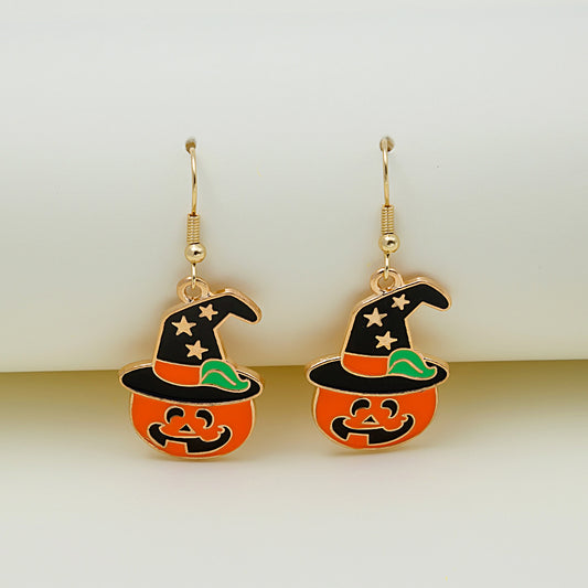 Orange Enamel and 18K Gold-Plated Hat Pumpkin Drop Earrings, gold drop earrings for women, front view