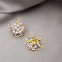 Pearl & 18k Gold-Plated Stacked Openwork Floral Stud Earrings