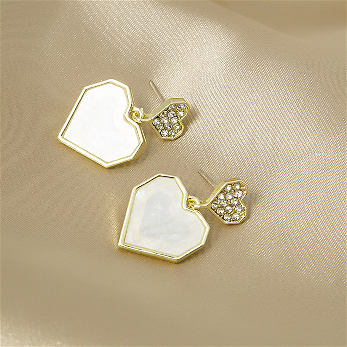 Cubic Zirconia and Shell 18K Gold-Plated Double Heart Drop Earrings, gold drop earrings for women, lifestyle look