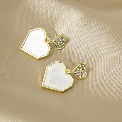 Cubic Zirconia and Shell 18K Gold-Plated Double Heart Drop Earrings, gold drop earrings for women, lifestyle look