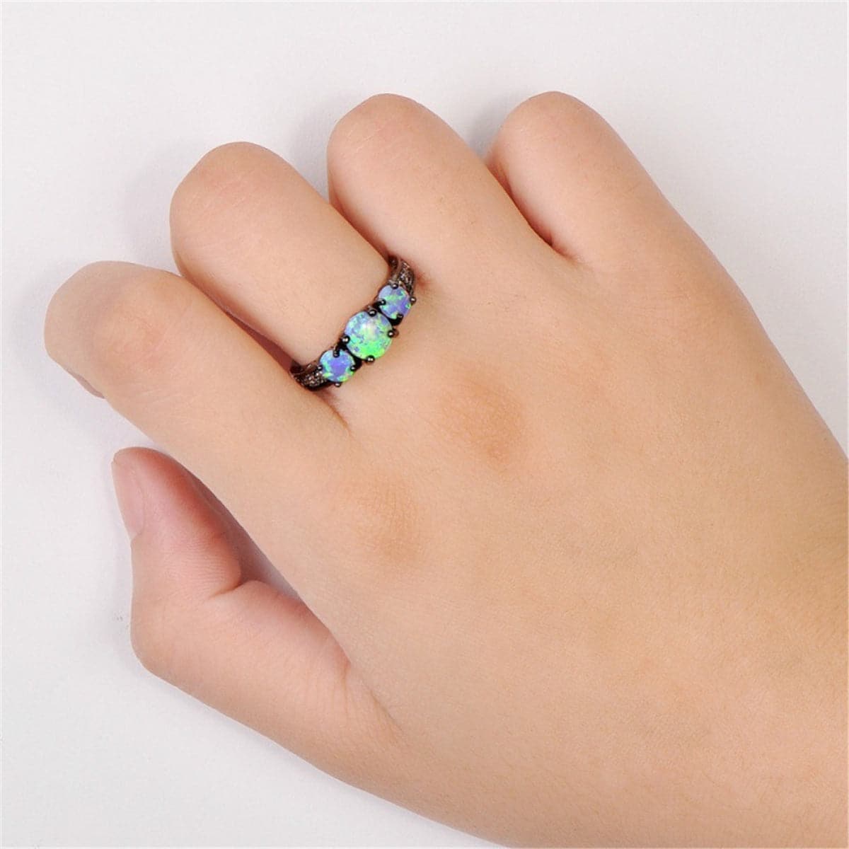 Blue Opal & Black-Plated Tri-Stone Ring - streetregion
