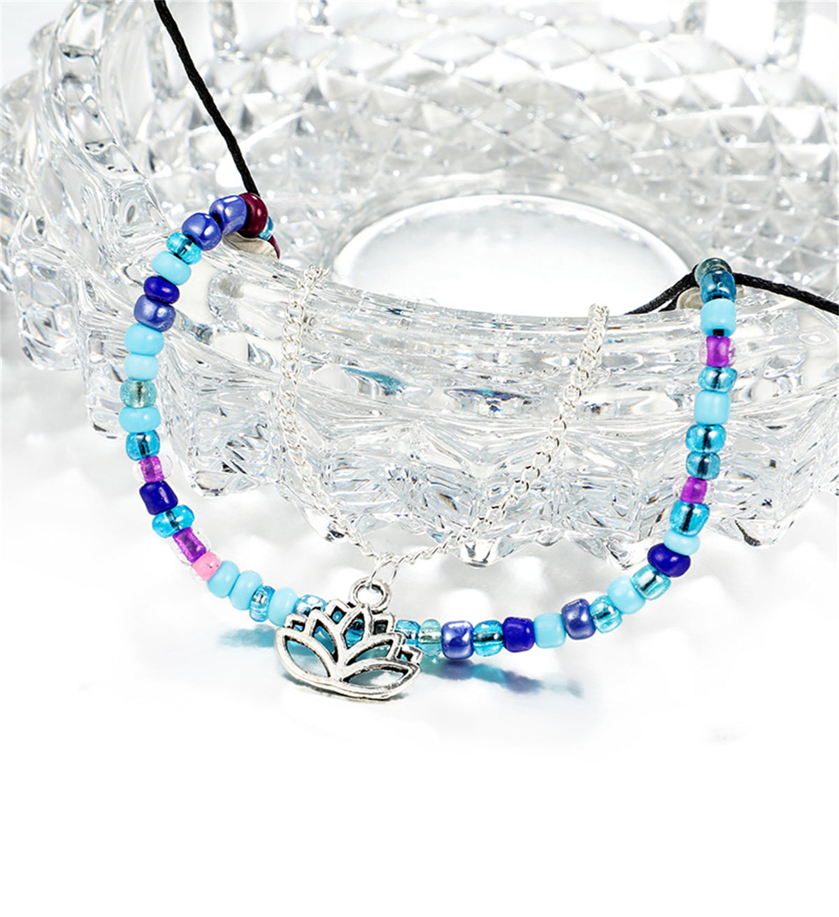 Howlite & Acrylic Adjustable Anklet & Silver-Plated Lotus Charm Anklet