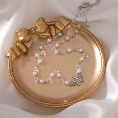 Cubic Zirconia & Pearl  Silver-Plated Butterfly Station Pendant Necklace