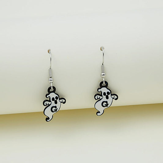 Black and White 'G' Ghost Drop Earrings, drop earrings for women, dainty minimalist design, front view