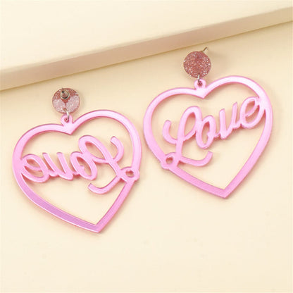 Pink and Silver-Plated Open Heart 'Love' Drop Earrings, silver drop earrings for women, vintage-inspired design, front view