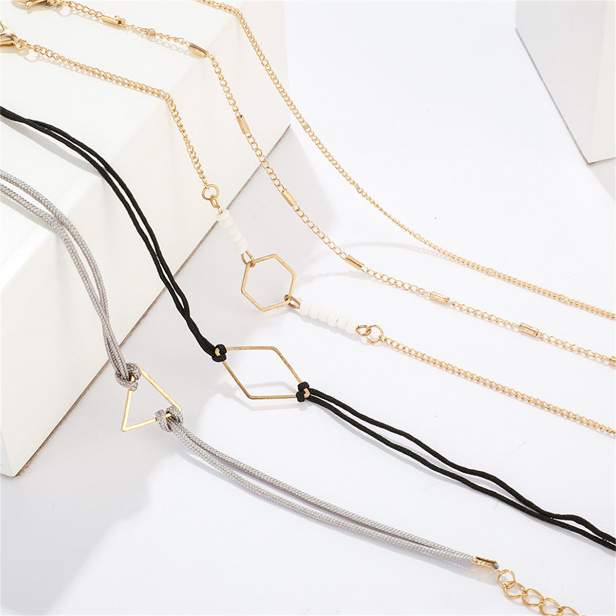 White & 18K Gold-Plated Geometric Curb Chain Anklet Set