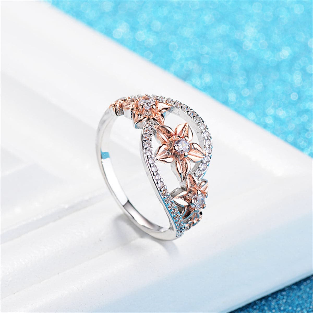 Crystal and Cubic Zirconia Link Floral Ring, statement rings for women, everyday style, detail close-up